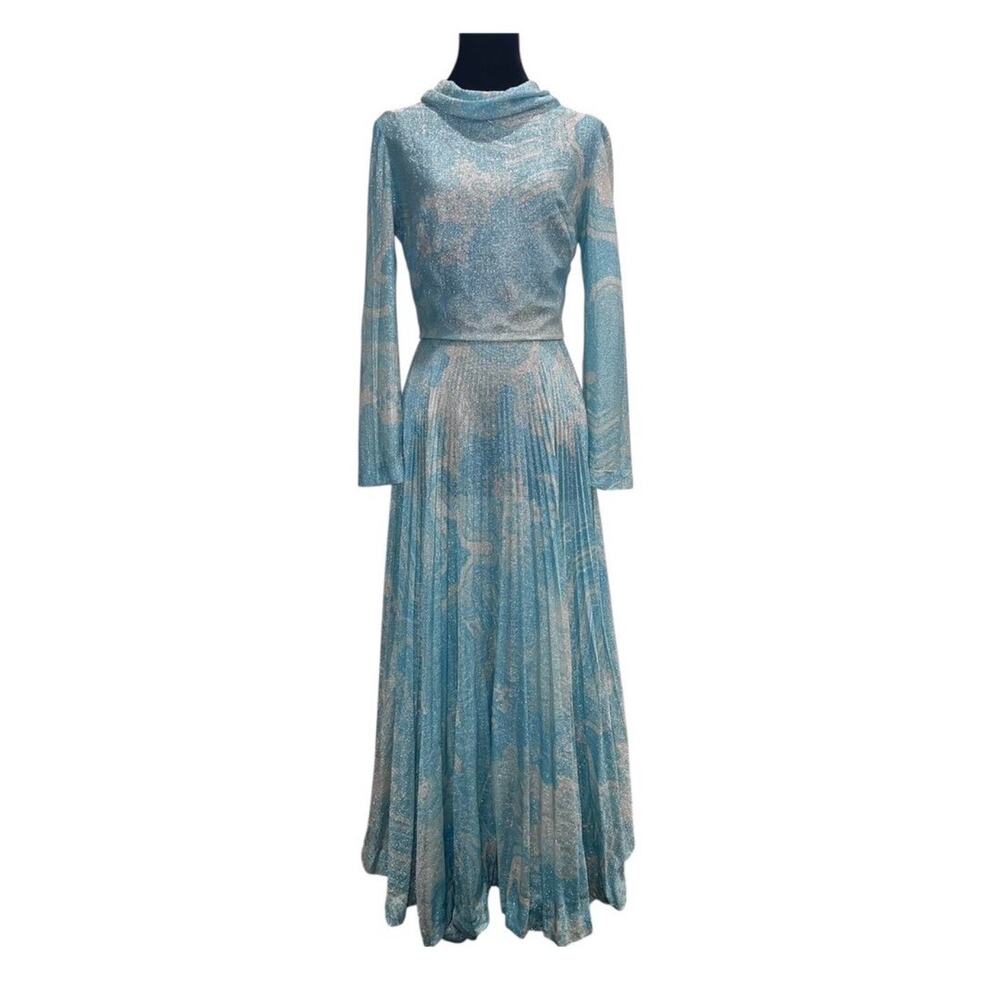 Vintage 1970s Carillon New York Blue Silver Lurex Pleated Maxi Gown - Picture 7 of 16
